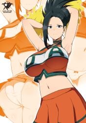 alternate_version_available black_eyes black_hair blush cheerleader_uniform dat_ass female_focus female_only kaos_art large_breasts momo_yaoyorozu my_hero_academia pom_poms skirt solo_female solo_focus u.a._cheerleader_outfit white_panties yaoyorozu_momo