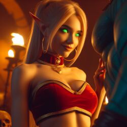 ai_generated blonde_hair blood_elf elf elf_ears female glowing_eyes green_eyes pointy_ears warcraft world_of_warcraft zandalari_troll