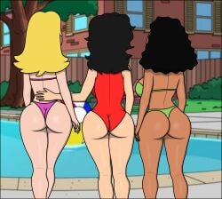 american_dad arabian ass back_view bikini bikini_bottom bikini_top black_hair blonde_hair blonde_hair brown_hair francine_smith green_bikini linda_memari pink_bikini pool red_swimsuit sexfightfun sexfightfun_(character) swimming_pool swimsuit threesome trio yuri