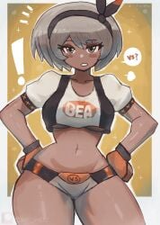 1girls bea_(pokemon) belly_button big_hips breasts crop_top female female_only gloves gray_eyes gray_hair hand_on_hip headband midriff pokemon pose shorts small_waist solo solo_focus tan_body tony_welt underboob