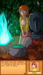 areola breasts cauldron clothing drooling english_text exposed_breasts female female_only fire green_eyes harvestman_here kneeling liquid penny_(stardew_valley) stardew_valley tagme text tits