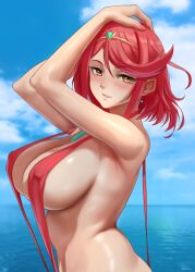 1girls armpits arms_up breasts covered_nipples female female_only hi_res huge_breasts large_breasts light-skinned_female light_skin massive_breasts nintendo outdoors pyra red_eyes red_hair short_hair sling_bikini smile solo ultrabinou upper_body xenoblade_(series) xenoblade_chronicles_2