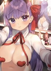 3: animal_ears arms_up ass back bangs bb_(fate) bb_(fate/extra) blush breasts closed_mouth commentary_request covered_nipples fake_animal_ears fate/extra fate/extra_ccc fate_(series) female frown gloves hair_ribbon heart_pasties indoors large_breasts long_hair long_sleeves looking_at_viewer maebari meme_attire mirror navel neck_ribbon pasties purple_eyes purple_hair rabbit_ears red_ribbon reflection revealing_clothes reverse_bunnysuit reverse_outfit ribbon sakura_yuki_(clochette) shrug_(clothing) solo straight_hair upper_body very_long_hair white_legwear