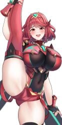 1girls breasts clothed core_crystal desspie female flexible huge_breasts large_breasts light-skinned_female light_skin looking_at_viewer nintendo pyra red_eyes red_hair short_hair skin_tight skindentation smile standing_split thick_thighs tight_clothing xenoblade_(series) xenoblade_chronicles_2