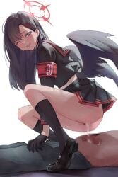 1boy ;d after_sex after_vaginal armband ass asymmetrical_bangs black_choker black_gloves black_hair black_serafuku black_socks black_wings blue_archive blue_eyes blush censored choker cropped_shirt cum cum_in_pussy cum_inside cumdrip female gloves halo highres ichika_(blue_archive) justice_task_force_(blue_archive) kneehighs looking_down midriff miniskirt mosaic_censoring no_panties noomaru_(nomorepeople) one_eye_closed penis pleated_skirt red_armband red_halo school_uniform serafuku simple_background skirt small_penis smile socks squatting straight straight_hair sweat trinity_general_school_student white_background wings