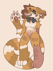 anthro blue_eyes bowtie brown_hair claws ear ear_piercing feet feline female freckles fur furry_only fuzzy heart injury markings_(fur) medium_breasts multicolored_body multicolored_fur nervous no_nipples no_pussy nose paw_pads paws sharp_teeth smiling tail waving