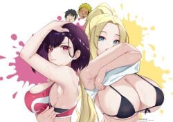 2girls absurdres adult_swim amai-pai areola_slip armpits beatrix_amerhauser bikini blonde_hair blue_eyes breasts cleavage clothes_lift front-tie_top high_ponytail highres large_breasts long_hair looking_at_viewer medium_hair micro_bikini mikazuki_shizuka multiple_girls pink_sports_bra purple_hair shirt_lift sideboob smile sports_bra swimsuit toonami upper_body zom_100_zombie_ni_naru_made_ni_shitai_100_no_koto