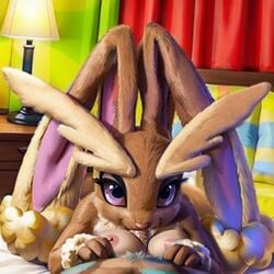 1boy 1girls ai_generated anthro anthro_on_anthro ass bedroom breasts brown_fur fellatio female female_lopunny furry furry_only looking_at_viewer lopunny lucario male_pov on_bed oral oral_penetration oral_sex penetration pink_eyes pokemon pokemon_(species) pov pov_eye_contact scorpianpp self_upload sex solo_focus stable_diffusion straight straight_sex