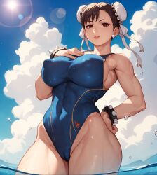 1girls abs adapted_costume ai_generated alex-schura big_breasts bracelet breasts brown_eyes brown_hair bun_cover capcom child_bearing_hips chun-li cowboy_shot double_bun erect_nipples erect_nipples_under_swimsuit eyebrows eyelashes eyeliner eyeshadow female female_only hair_bun hard_nipples hourglass_figure huge_breasts in_water large_breasts lipstick long_hair makeup mature mature_female mature_woman muscular muscular_legs muscular_thighs nai_diffusion nipples ocean one-piece_swimsuit sea solo solo_focus spiked_bracelet stable_diffusion standing street_fighter swimsuit thick_thighs thighs tied_hair tight_swimsuit toned toned_female twin_buns voluptuous water wide_hips