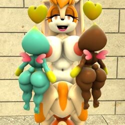 3d breast_sucking brown_eyes chao_(sonic) cheese_the_chao chocola_the_chao clothing cream_the_rabbit cunnilingus female female/female incest large_breasts naked nude open_mouth oral_sex outdoors sfm smile sonic_(series) sonic_the_hedgehog_(series) source_filmmaker standing supaphreak vanilla_the_rabbit