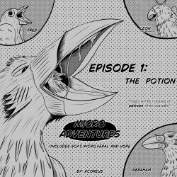 annoyed avian bird blush blush_lines bodily_fluids comic corvid corvus_(genus) cross-hatching feathers feces feral feral_pred fluffy gryphon gull happy hatching_(art) hi_res lari larid micro mythological_avian mythological_creature mythology oral_vore oscine panicking passerine patreon promotional_material raven saliva scat shaded shrinking size_transformation smile speech_bubble story text tongue transformation vore xcoreus