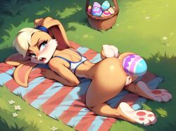 1girls ai_generated anal anal_egg_laying anal_insertion anal_object_insertion anal_only bunny_girl easter easter_bunny easter_egg egg egg_from_ass female furry lola_bunny looney_tunes pussy tears