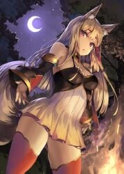 1girls bare_shoulders blonde_hair breasts cleavage clothed colored female female_focus female_only fireplace fox_ears fox_girl fox_tail guren_(redo_of_healer) kaifuku_jutsushi_no_yarinaoshi long_hair looking_at_viewer moon moonlight nature night official_art outdoors outside red_eyes redo_of_healer shiokonbu skirt small_breasts solo_female starry_sky stars thick_thighs thighhighs thighs trees young young_female