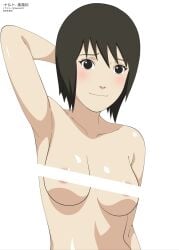 1girls arm_behind_back arm_up armpits artist_name bangs black_eyes black_hair blush breast_press breasts censor_bar censored censored_nipples completely_nude completely_nude_female convenient_censoring embarrassed embarrassed_nude_female facing_viewer female female_only front_view japanese_text kanji large_breasts naruto naruto:_the_last naruto_(classic) naruto_(series) naruto_shippuden nipples nude nude_female plain_background sagging_breasts shizune shoulder_length_hair simple_background smile solo solo_focus thighs upper_body veruvia12 watermark white_background