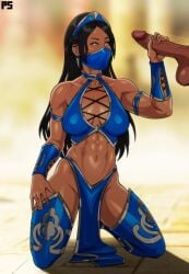 abs bare_shoulders belly_button big_balls big_breasts big_penis black_hair black_penis blue_clothing boots bracelet breasts brown_eyes cleavage earrings edenian eyebrows eyelashes halterneck handjob kitana kitana_(mk9) kneeling light-skinned_female long_hair looking_at_partner masked masked_female mortal_kombat mortal_kombat_(2011) muscular muscular_female on_knees partial_male pelvic_curtain penis penis_grab princess pumpkinsinclair royalty skimpy skimpy_clothes testicles thick_legs thick_thighs tiara veiny_penis wide_hips