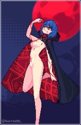 1girls background bangs blood blue_hair cape ciel_(tsukihime) cloudy_sky color elesia_(tsukihime) female full_body fur-trimmed_cape fur_trim levitation michael_roa_valdamjong naked naked_cape navel night night_sky no_bra no_panties nude pixel pixel_art pubic_tattoo raptorbr_(artist) red_eyes red_moon short_hair smirk smirking standing tsukihime tsukihime_(remake) vampire vampire_girl