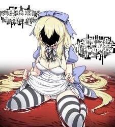alice_(black_souls) alice_liddell ambiguous_red_liquid apron apron_lift black_liquid black_ribbon black_souls blonde_hair blue_bow blue_footwear bow breasts cleavage clothes_lift dress eldritch_abomination female fingernails glitch hair_spread_out hairbow highres hole_in_face horror_(theme) incomprehensible lifted_by_self long_hair medium_breasts neck_ribbon nyong_nyong panties puffy_short_sleeves puffy_sleeves ribbon shoes short_sleeves sidelocks sitting solo speech_bubble straight_hair striped_clothes striped_thighhighs the_crawling_little_girls thighhighs underwear very_long_hair wariza where_is_your_god_now white_apron white_dress white_panties