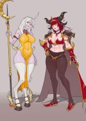 2girls alexstrasza blizzard_entertainment breasts cleavage crossover dragon female full_body girl league_of_legends looking_at_viewer milf multiple_girls navel purple_skin samiri simple_background sleeveless soraka staff standing tagme thighhighs world_of_warcraft yellow_eyes