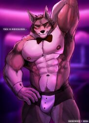 1boy abs anthro beard belly_button biceps bowtie boxers brown_fur bulge butler butler_underwear butler_underwear_(meme) butler_uniform canine ear echo_(series) echo_project furry happy_trail hole_in_ear male male_only mammal meme muscular muscular_male nipples pecs scar serious shibziroo text the_smoke_room underwear william_adler