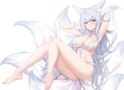 1girls aesice animal_ear_fluff animal_ears armpits arms_behind_head arms_up azur_lane barefoot bikini breasts closed_mouth feet female fox_ears fox_girl fox_tail highres kitsune large_breasts light-skinned_female light_skin long_hair looking_at_viewer official_alternate_costume presenting_armpit sakura_empire_(azur_lane) shinano_(azur_lane) shinano_(dreamy_white_sands)_(azur_lane) simple_background solo swimsuit tail toes very_long_hair white_background white_bikini white_hair