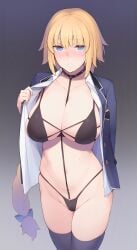 1girls big_breasts blonde_hair blue_eyes blush bra breasts cleavage collar enosan fate/grand_order fate_(series) female female_only jeanne_d'arc_(fate) large_breasts leash_and_collar looking_at_viewer panties sex_slave solo thighhighs