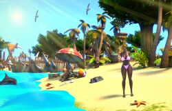 3d beach big_breasts blizzard_entertainment blonde_hair blood_elf elf female green_eyes looking_at_viewer relaxing smile vinesenia warcraft world_of_warcraft