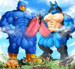 absurd_res anthro avian balls big_balls big_penis bird blue_body blue_fur blush bodily_fluids canid canine city cloud destruction digitigrade duo erection explosion falco_lombardi frottage fur generation_4_pokemon genital_fluids genitals hi_res huge_balls huge_cock landscape_dwarfing lucario macro macro_on_macro male male/male mammal mayar muscular muscular_anthro muscular_male nintendo nipples pecs penile penis pokemon pokemon_(species) precum sex smile smoke spines star_fox stomping tail