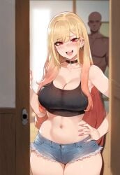 1boy 1girls ai_generated big_breasts blonde_hair collar cuckold dark-skinned_male doorway ear_piercing female female_focus floox human kitagawa_marin male midriff mommy revealing_clothes smiling solo_focus sono_bisque_doll_wa_koi_wo_suru standing_in_doorway tagme thiccwithaq_(ai_style) tight_clothing