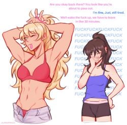 2girls abs aurawra21 belly_piercing black_boxers black_hair blonde_hair bra class_of_'09 distracting dressing eyes_closed fixing_hair jecka_(class_of_'09) jeckole lean_muscle long_hair nicole_(class_of_'09) overcome pink_underwear scars yuri