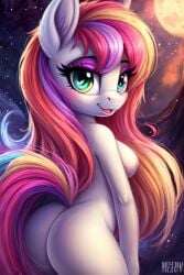 1girls :3 :d ai_generated eye_shadow female full_body fur furry glittering_eyes green_eyes hands_behind_head long_hair my_little_pony night night_sky oc original_character pink_hair pony smile solo turning_head yay