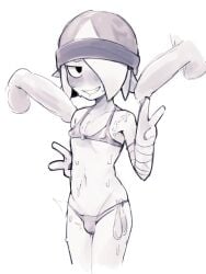 1boy 2022 alien anthro areolae big_penis bikini bitter_and_sour black_and_white blush blushing cum_bag cum_on_body cyclops femboy gay glitch_productions hat large_penis looking_away male male_only nervous_smile niles_(smg4) peace_sign penis request smg4 smile smiling sweat sweating three_fingers yaoi