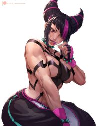 aqua_eyes baggy_pants black_hair bracelet breasts candy capcom chest_harness collar crazy_eyes crazy_straw crop_top diagonal_bangs drinking_straw female fingerless_gloves fingernails food gloves green_nails hair_horns hand_up harness heterochromia holding holding_candy holding_food holding_lollipop jewelry juri_han kasai_x3 large_breasts lejeanx3 licking lips lollipop looking_at_viewer multicolored_hair nail_polish no_jacket open_mouth pants patreon_logo pink_eyes pink_hair simple_background sitting smile solo spiked_bracelet spiked_collar spikes street_fighter street_fighter_6 toned tongue tongue_out two-tone_hair web_address white_background