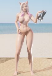 3d ahri athletic_female beach completely_nude_female hand_on_hip k/da_all_out_ahri k/da_all_out_series large_breasts league_of_legends raised_eyebrow stripping thick_thighs toxictoilet wide_hips