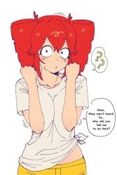 1girls ? birdbrain_(synthesizer_v) chimera confused dialogue dochi_pi elbows_together english_text female female_focus female_only kasane_teto looking_at_viewer sexually_ignorant sexually_suggestive speech_bubble talking_to_viewer text tricked vocaloid white_background