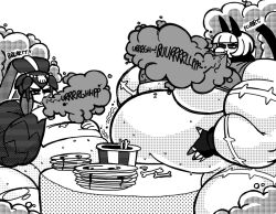 2girls bbw belly breasts burp burping cat_girl chubby eating fart farting fat female female_only fish_girl hand_on_belly huge_belly huge_breasts minette_(skullgirls) monochrome nadia_fortune skullgirls slob splitendsss thick_arms