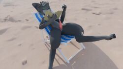 3d_(artwork) absurd_res anthro beach blender_(software) closed_eyes digital_media_(artwork) digitigrade erection fur genitals grey_body grey_fur hi_res lying male nuclear54 nuclear54_(character) nude paws penis presenting presenting_penis relaxing sand solo sunbathing tail