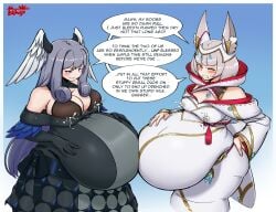 2girls alternate_version_at_source alternate_version_available bellies_touching big_breasts black_dress blush breasts brown_eyes catgirl dialogue double_pregnancy female fetal_movement gray_hair hand_on_belly hand_on_hip holding_belly lactation lactation_through_clothes large_breasts melia_antiqua monolith_soft multiple_pregnancies nia_(xenoblade) nintendo pregnant pregnant_belly_to_pregnant_belly ready_to_pop tsukiji white_dress white_hair wings_on_head xenoblade_(series)