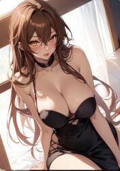 ai_generated black_dress blush brown_hair brown_hair_female brunette_hair choker female_issei fuck_me_eyes high_school_dxd horny horny_female red_lips sexy_dress