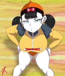 1girls android android_19 android_girl big_breasts black_hair blue_eyes dalley_le_alpha dragon_ball dragon_ball_z earrings female female_only looking_at_viewer rule_63 solo solo_female solo_focus thick_thighs thighs white_body white_skin wide_hips