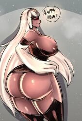 1girls 2024 big_breasts bitterbunz blush breasts carmilla_carmine clothed clothing dark-skinned_female dark_skin ear_piercing earrings female female_only hazbin_hotel large_breasts long_hair milf partially_clothed red_eyes solo white_hair