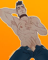 1boy balls bara bulge clothing male male_nipples male_only muscular_male nipples penis simplespirits werewolf