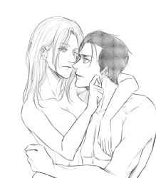1boy1girl annie_leonhardt attack_on_titan black_and_white hair_down hugging hugging_each_other kuobi_meon marcel_galliard no_color nude_male_nude_female shingeki_no_kyojin smiling_at_partner tagme untied_hair