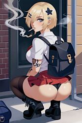 1girls ai_generated ass ass_focus backpack big_breasts black_shoes black_thong blonde_hair blue_eyes boots breasts cigarette clothed delinquent female female_only hair_ornament hair_over_one_eye jfxjxf kneeling light-skinned_female light_skin looking_at_viewer looking_back looking_over_shoulder microskirt miniskirt panties red_skirt school_uniform schoolgirl shirt shoes short_hair skirt skirt_lift smoke smoking smoking_cigarette solo solo_female squatting stockings sukeban tattoo tattoo_on_arm tattooed_arm thong white_shirt