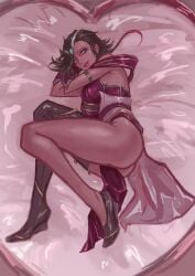 black_hair breasts female female_focus female_only girl green_eyes karma_(league_of_legends) league_of_legends lying_on_bed riot_games samiri simple_background solo solo_female solo_focus