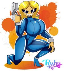 armpits ass bimbo bimbo_body bimbofication bimbofied body_modification breasts dollification female implied_transformation knick_knack metroid permanent_smile rubykila samus_aran smile sunglasses sunnification sunny_miami thick_thighs thin_waist tinted_eyewear transformation wide_hips zero_suit