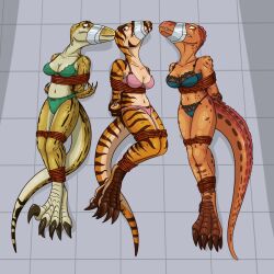 3girls anthro anthrosaurs blue_bra blue_panties bound bound_arms bound_legs bra dinosaur dinosaur_girl green_bra green_panties multiple_girls panties pink_bra pink_panties scalie taped_mouth underwear whistle_on_da