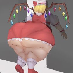 bbw belly_overhang big_belly big_breasts big_female blonde_hair blush chubby chubby_female embarrassed fat fat_ass fat_female fat_fetish fat_girl fat_woman fatty flandre_scarlet inconvenient_ass large_female obese obese_female overweight overweight_female plump pork_chop stuck stuck_in_wall thick_thighs touhou weight_gain