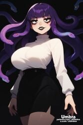 1girls ai_generated aiumbra busty gorgon goth goth_girl grin high_resolution highres large_breasts naughty_face self_upload smile smug snake_hair stable_diffusion thick_thighs