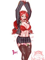 ball_gag bondage bound_and_gagged bra breasts cleavage crime_city_miss_fortune crime_syndicate female garter_straps girl green_eyes large_breasts league_of_legends lingerie miniskirt miss_fortune open_shirt pencil_skirt red_bra red_hair red_lingerie redhead riot_games samiri sarah_fortune short_skirt simple_background skirt stockings teemo tied_up vibrator vibrator_in_pussy