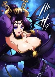 1girls black_hair blush breasts cleavage clothed corruption digimon digimon_data_squad digimon_savers eyeliner eyeshadow female female_only huge_breasts japanese_text lilithmon lipstick makeup megumi_shirakawa purple_eyes purple_lipstick solo solo_female succubus transformation